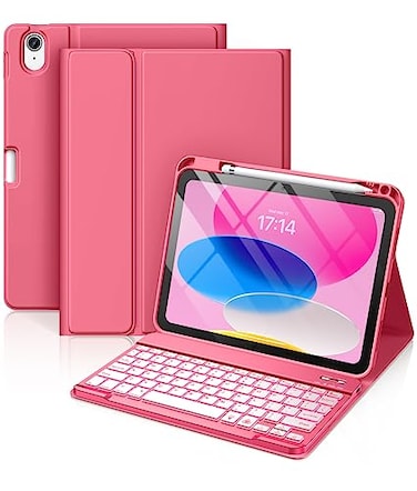 Hamile for iPad 11th 10th Generation Case with Keyboard 7 Colors Backlit Wireless Detachable Folio Keyboard Cover with Pencil Holder for iPad 11inch A16 2025 10th Gen 109 Inch 2022 Pink