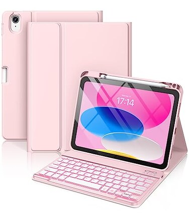 Hamile for iPad 11th 10th Generation Case with Keyboard 7 Colors Backlit Wireless Detachable Folio Keyboard Cover with Pencil Holder for iPad 11inch A16 2025 10th Gen 109 Inch 2022 Light Pink