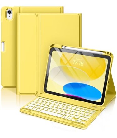 Hamile for iPad 11th 10th Generation Case with Keyboard 7 Colors Backlit Wireless Detachable Folio Keyboard Cover with Pencil Holder for iPad 11inch A16 2025 10th Gen 109 Inch 2022 Yellow