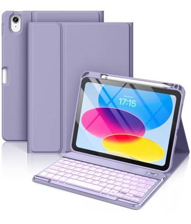 Hamile for iPad 11th 10th Generation Case with Keyboard 7 Colors Backlit Wireless Detachable Folio Keyboard Cover with Pencil Holder for iPad 11inch A16 2025 10th Gen 109 Inch 2022 Lavender
