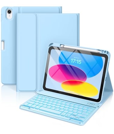 Hamile for iPad 11th 10th Generation Case with Keyboard 7 Colors Backlit Wireless Detachable Folio Keyboard Cover with Pencil Holder for iPad 11inch A16 2025 10th Gen 109 Inch 2022 Sky Blue