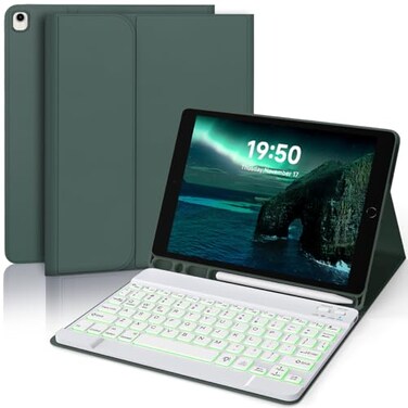 YUNPLE for iPad 9th 8th 7th Generation Case with Keyboard 102 7 Color Backlit Wireless Detachable Folio Keyboard Cover with Pencil Holder Compatible with iPad Pro 105Air 3rd Gen Dark Green