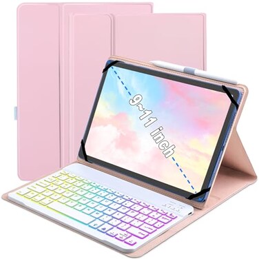 XCHYTECHER Universal Tablet Keyboard Case for 9710110210510911 iPad Samsung Fire Pixel Android 101 inch Tablets 7 Color Rainbow Backlit Removable Keypad with Pen Holder Pink