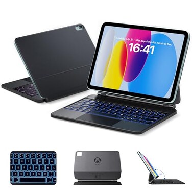 HOU Magnetic Keyboard Case for iPad 11 A1610 135 Wider Adjustable Tilt Smooth AGGlass Touchpad 12 Shortcut Key Combinations 7Color Backlight Deeper 13mm Key Travel Bluetooth Black