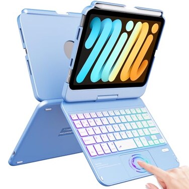 FUWANG Keyboard Case for iPad mini 7 A17 Pro 2024 iPad mini 6th Generation 2021 83inch 360 Swivel MultiTouch Trackpad 7Color Backlit Keyboard Cover with Pencil Holder Blue