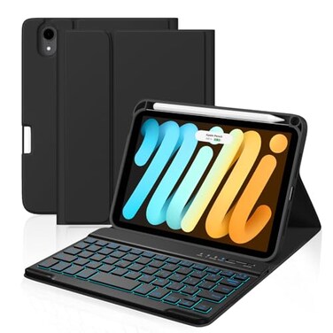 Cousper for iPad mini 7 Keyboard Case A17 Pro 2024iPad Mini 6 Generation Case with Keyboard 2021 83 Inch Pencil Holder 7 Color Backlit Detachable Keyboard Cover for iPad mini 7th6th GenBlack