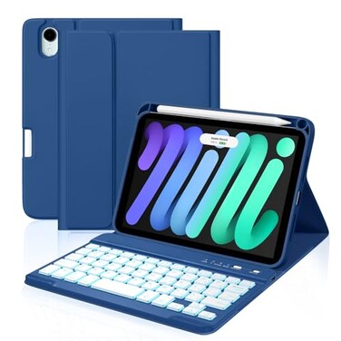 Cousper for iPad Mini 7 Keyboard Case A17 Pro 2024iPad Mini 6 Generation Case with Keyboard 2021 83 Inch Pencil Holder 7 Color Backlit Detachable Keyboard Cover for iPad Mini 7th6th GenNavy Blue