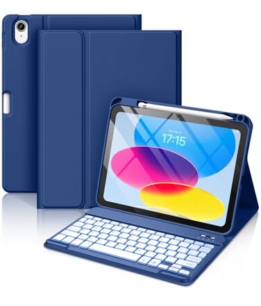 Hamile for iPad 11th 10th Generation Case with Keyboard 7 Colors Backlit Wireless Detachable Folio Keyboard Cover with Pencil Holder for iPad A16 11inch 2025 10th Gen 109 Inch 2022 Navy Blue