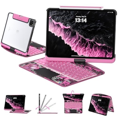 Tiaota Transparent Case with Keyboard for iPad 11th Gen 11 InchA16 2025 2022 iPad 10th Gen 109 Inch7Color BacklitWireless Keyboard 360Rotatingwith trackpadPencil Holderwith Shortcutspink