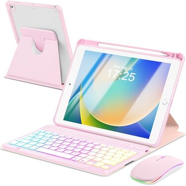 EAMPANG Case with Keyboard Mouse for iPad 9th 8th 7th Generation 102 inch7 Rainbow Backlit Detachable Wireless Keypad Rotatable Magnetic Cover with Pencil Holder for iPad Air 3rd GenPro 105 Pink