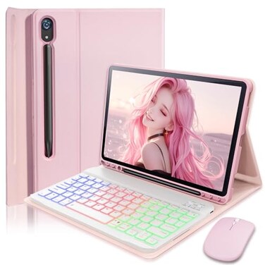 SAMTUNK Case Keyboard for Samsung Galaxy Tab S10 Lite S10 FE S9 FE S9 S8 10911 inch Cover 7 Color Rainbow Change Backlit Detachable Magnetic Keyboard with S Pen Holder with Mouse Pink