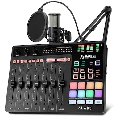 ALABS Fxcaster Podcast Equipment Bundle AllinOne Podcasting Starter Setup with 7Channel Soundboard Audio Interface and 25mm Diaphragm XLR Microphone for Live Streaming Recording and TikTok