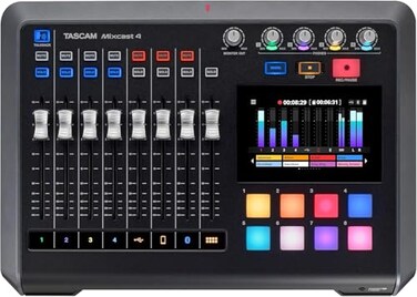 TASCAM Mixcast 4 Podcast Streaming Mixer Recorder and USB Audio Interface Four XLRTRS Mic Inputs Touch Screen and Editing Software Included