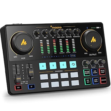 MAONO Audio Interface MaonoCaster 10Channel Podcast mixer with Propreamp 48V Phantom Power Bluetooth 11 Customize sound pads for Recording Streaming Youtube TikTok PC Guitar AME2