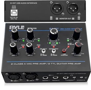 Pyle Professional USB Audio Interface with MIC Guitar AUX Stereo Inputs PhoneMonitor Outputs Ideal for Computer Playing Recording Compact Rugged Metal Housing PMUX6