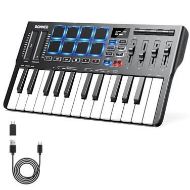 Donner DMK25 Pro MIDI Keyboard Controller 25 Mini Key Portable USBC MIDI Keyboard with 8 Drum Pads OLED Display Personalized Touch Bar Music Production Software and 40 Teaching Courses White