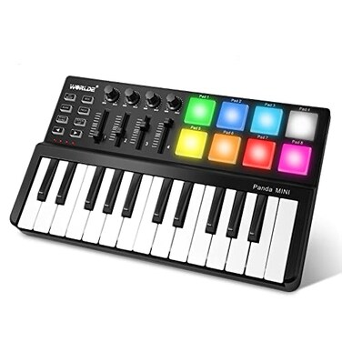 Vangoa MIDI Keyboard Controller 25 Keys Worlde Panda MINI USB Midi Keyboard with Drum Pads Beat Maker Machine Pad Black