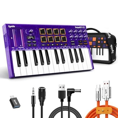 Synido 25 Key USB MIDI Keyboard Controller with Drum Pads Professional Mini Midi Keyboard with OLED Screen Beat Maker Machine for Music Production Purple TempoKEY K25