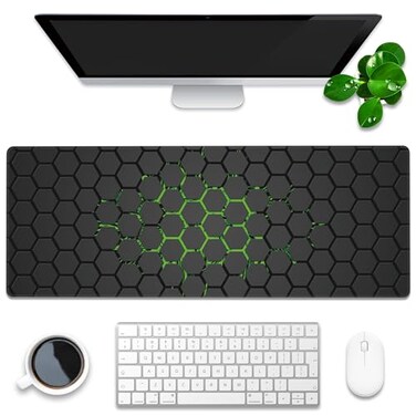 KOAIWPAE Desk Pad Green Honeycomb Science Technology Extended Gaming Mouse Pad Large 315x118 Big Mouse Pad with NonSlip Base and Stitched Edge Long Computer Keyboard Mouse Mat for Home Office Work