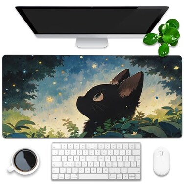 KOAIWPAE Desk Pad Anime Cute Black Cat Extended Gaming Mouse Pad Large 354x157 Big Mouse Pad with NonSlip Base and Stitched Edge Long Computer Keyboard Mouse Mat for Home Office Work