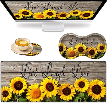 VSOJSOJKE Large Game Mouse Pad Wrist Support Pad Coffee Coaster Sunflower Quote Live Love Laugh Foldable Table Mat with Stitched Edge NonSlip Set Pad Suitable for Office Work and Home