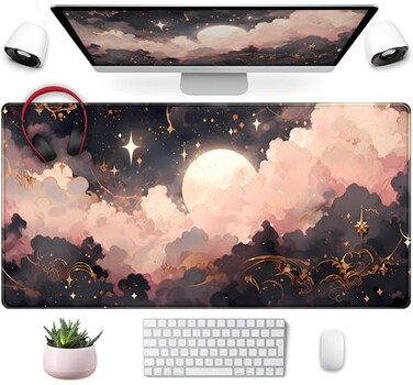 Mechanical Cattle Pink Black Clouds Desk Mat XXL Large Extended Gaming Mouse Pad Celestial Mousepad with Stitched Edges Office Desktop Decor Desk Pad Computer Mat Laptop Keyboard and Mouse Mat 315x157