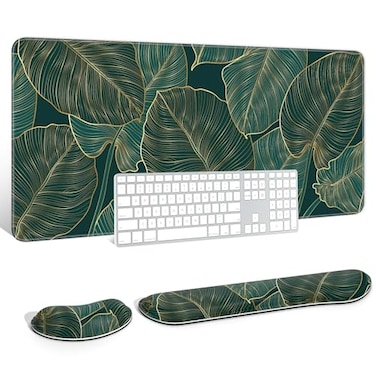 Auhoahsil Large Mouse Pad with Wrist Rests for Keyboard Mouse Thick Soft Ergonomic Memory Foam Wrist Supports Big Long Desk Mat 355 x 157 in for Office Gaming Computer Tropical Leaf