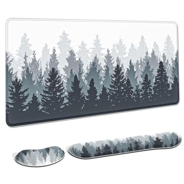Auhoahsil Large Mouse Pad with Wrist Rests for Keyboard Mouse Thick Soft Ergonomic Memory Foam Wrist Supports Big Long Desk Mat 355 x 157 in for Office Gaming Computer Misty Forest