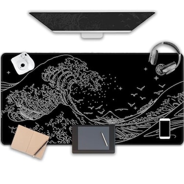 MEWOOCUE Large Gaming Mouse Pad for ComputerBlack Japanese Sea Wave Anime Mouse MatLong XXL Waterproof Keyboard PadsBig NonSlip Mouse Pads for Game Office Home472 x 236 in