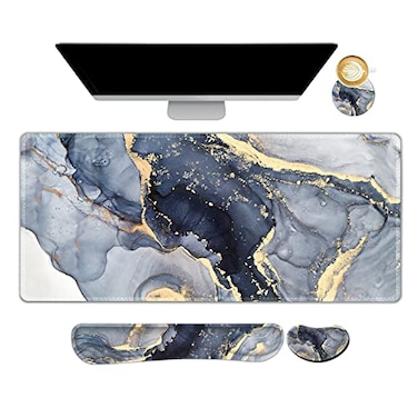 ARTSO Large Gaming Mouse Pad Keyboard Wrist Rest Pad Wrist Support Mousepad Set Stitched Edge Extended NonSlip Base Memory FoamMultifunctional Desk Mat 4pcs for Office Home Gilt Marble