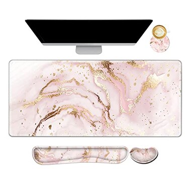 ARTSO Large Gaming Mouse Pad Keyboard Wrist Rest Pad Wrist Support Mousepad Set Stitched Edge Extended NonSlip Base Memory FoamMultifunctional Desk Mat 4pcs for Office Home Pink Marble