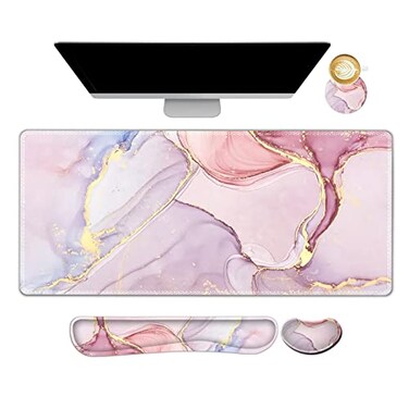 ARTSO Large Gaming Mouse Pad Keyboard Wrist Rest Pad Wrist Support Mousepad Set Stitched Edge Extended NonSlip Base Memory FoamMultifunctional Desk Mat for Office Home Purple Pink Marble