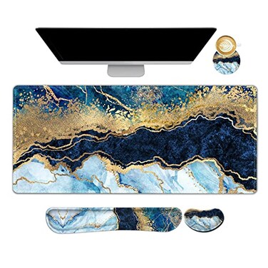 ARTSO Large Gaming Mouse Pad Keyboard Wrist Rest Pad Wrist Support Mousepad Set Stitched Edge Extended NonSlip Base Memory FoamMultifunctional Desk Mat 4pcs for Office Home Blue Marble