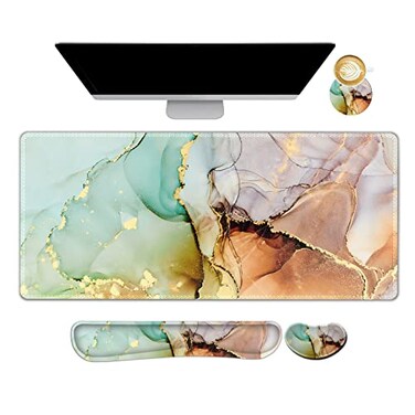 ARTSO Large Gaming Mouse Pad Keyboard Wrist Rest Pad Wrist Support Mousepad Set Stitched Edge Extended NonSlip Base Memory Foam Desk Mat for Office Home Abstract Art Marble