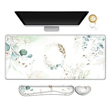 ARTSO Gaming Mouse Pad Wrist Support Set XXL Large Desk Mat Mousepad Keyboard Wrist Support Mouse Wrist RestCoaster 4in1 Ergonomic Memory Foam Stitched Edge for Home Office Pretty Leaves