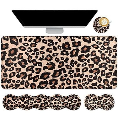 Dikoer 4Pcs Memory Foam Keyboard Mouse Wrist Rest Pad Gaming Desk Mat 315 118 with Stitched Edges Mouse Wrist Cushion Coasters Set NonSlip Desk Pad Protector for Laptop Computer Leopard Print