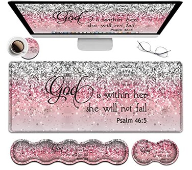 JVGFYNKL Desk Pad Large Gaming Mouse Pad Extended Thick Writing Pads Ergonomic Keyboard Wrist Rest with NonSlip Rubber Base Office Desk Mat 315118 Psalm 465 Verse Pink Sparkles Glitter Mousepad
