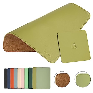 EAGZFFI DoubleSided PU Leather Cork Mouse Pad with Coaster Reversible NonSlip Stitched Edges for Office Home 8x11 InchesOlive Green