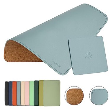 EAGZFFI DoubleSided PU Leather Cork Mouse Pad with Coaster Reversible NonSlip Stitched Edges for Office Home 8x11 Inches Sierra Blue