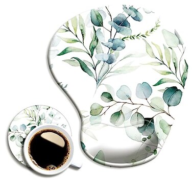 DOOKE Ergonomic Mouse Pad with Wrist Support and CoasterMouse Pads with NonSlip PU Base for Home Office Working Studying Easy Typing Pain Relief Eucalyptus Leaves