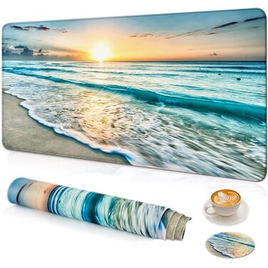 Wiabsi Large Gaming Mouse Pad with Coaster Desk Matt for Desktop Desk Pad Mouse Pads Mat Stitched Edges Big Extended Mousepad for Computer Keyboard Laptop Office Decor 315 x156Beach