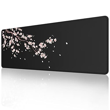 ETZ Japanese Plum Blossoms Black Mouse Pad 315 118 012 inch Extended Large Mouse Mat Desk Pad Stitched Edges MousepadNonSlip Rubber BaseGaming Mouse Pad XL