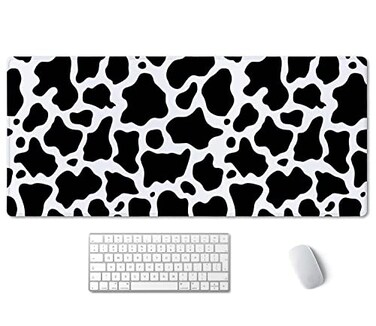 SSOIU White Black Cow Pattern Desk Pad Personalized Desk Mat Cow Print Desk Mat Cute Desk Pad Extended Gaming Mouse Pad 355x157 in Large NonSlip Rubber Base Mousepad with Stitched Edges