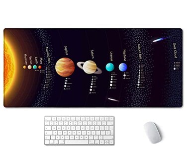 SSOIU Extended Gaming Mouse Pad XXL ArtSo Large Keyboard Mat Long Mousepad Desk Decor Writing Pad Non Slip Rubber Base Stitched Edges for Work 355 x 157 Solar System with Scientific Information