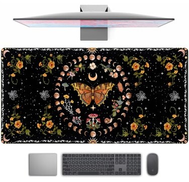 TENG DA QING Moth Desk Pad Mushroom Phase Moon Phase Desk Mat Boho Flowers and Leaves Computer Big Mouse Pad Washable Cloth NonSlip Rubber Base Keyboard Pad Mouse Mat for Office with Stitched Eges 315