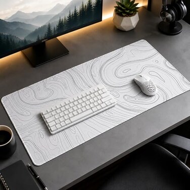 AQQA White Topographic Gaming Mouse Pad XL354 x 157 Large Desk MatTopo Lines Minimalist Desk Pad for Office HomeWaterproof Rubber Base Extended Keyboard Mat for LaptopGamer Desk Decor