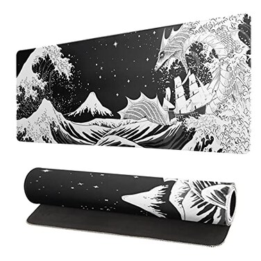 Siski Black and White Japanese Wave Dragon Gaming Mouse Pad Abstract Mat with NonSlip Rubber Base 315x118 Inch Stitched Edges Desk Pad for Office and Home