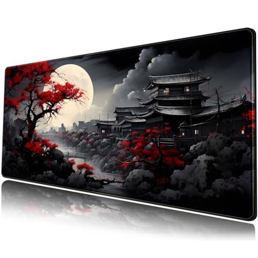 Mechanical Cattle Riverside Full Moon Desk Mat Japanese Desk Pad Black Red Large Mouse Pad Gaming Mousepad Extended XXL Keyboard Pad 315 x 118 in Laptop Computer Mouse Keyboard Mat for Office Decor