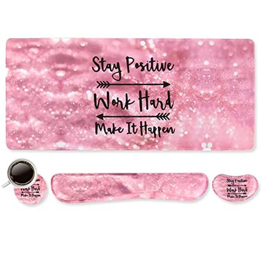 DINKY Keyboard Mouse Pad Set Large Gaming Mousepad Memory Foam Ergonomic Keyboard Wrist Rest Support Easy Typing Pain Relief 4Pcs 354 x 157 Extended Desk Mat Pink Glitter Letters