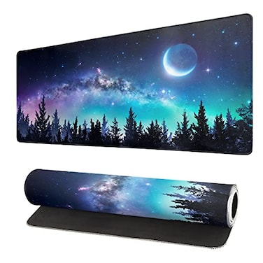 Brecoy Extended Gaming Mouse Pad XL Large Keyboard Mouse Mat Desk Pad Stitched Edges Mousepad 3mm Thick Long NonSlip Rubber Base Mice Pad 315 X 118 Inch Forest Moon Galaxy